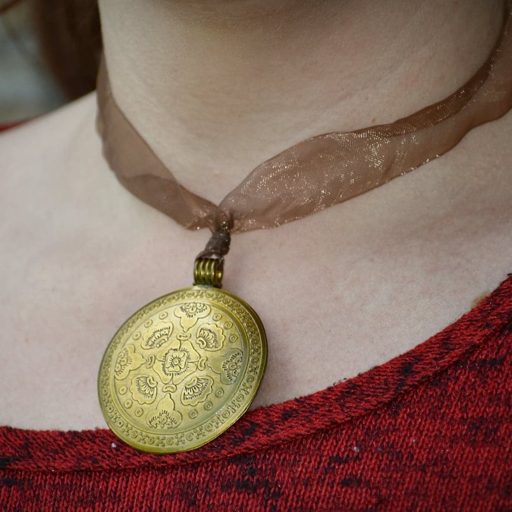 Brown Ribbon and Gold Oriental-Styled Pendant Choker
